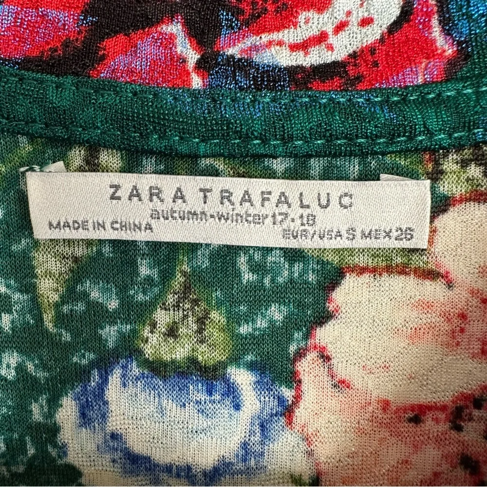 Zara Trafulac Bodycon Side Ruched Green Floral Long Sleeve Midi Dress Sz S - Picture 7 of 11